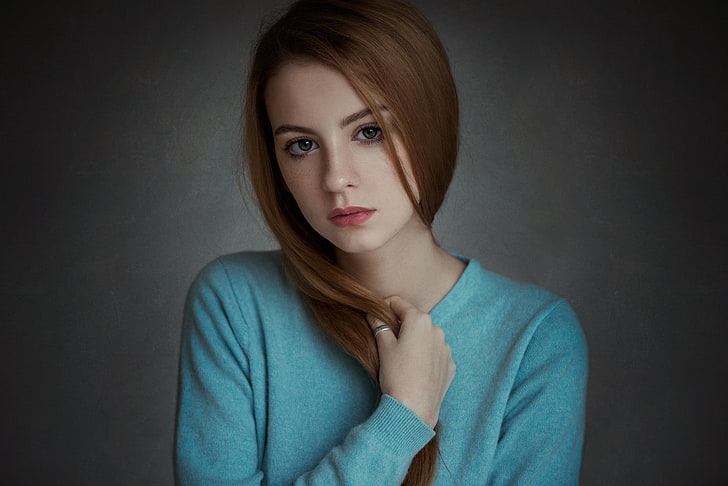 women's blue crew-neck sweater, model, redhead, freckles, Ann Nevreva, HD wallpaper