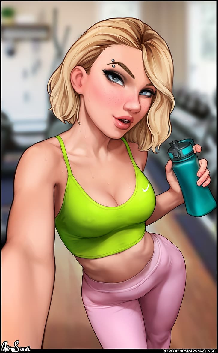 Gwen Stacy, Marvel Comics, blonde, gym clothes, green top, leggings