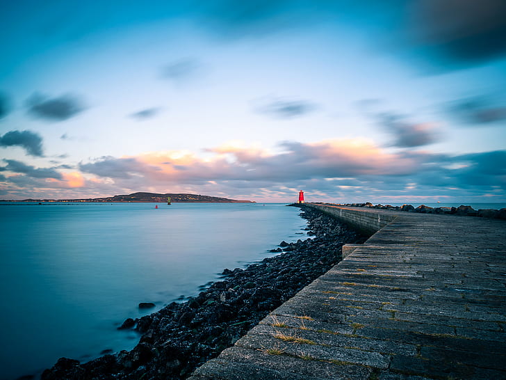 pier, lighthouse, sea, coast, dublin, ireland, HD wallpaper