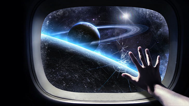 space, stars, planet, hands, window, space art, planetary rings