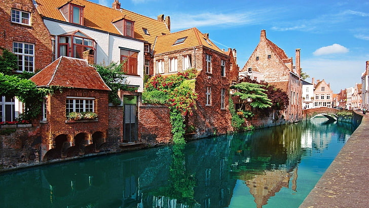 brown brick houses beside the canal, Bruges, city, river, Belgium