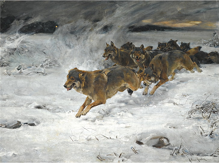 Alfred Kowalski-Wierusz, classic art, wolf, artwork, Polish
