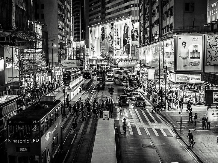 grayscale photography of city buildings, night, Hong Kong, cityscape, HD wallpaper