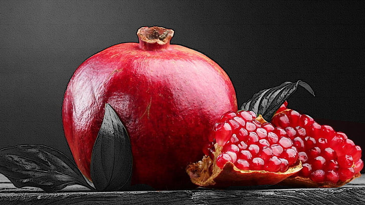 red pomegranate fruit, black and white, food, food and drink
