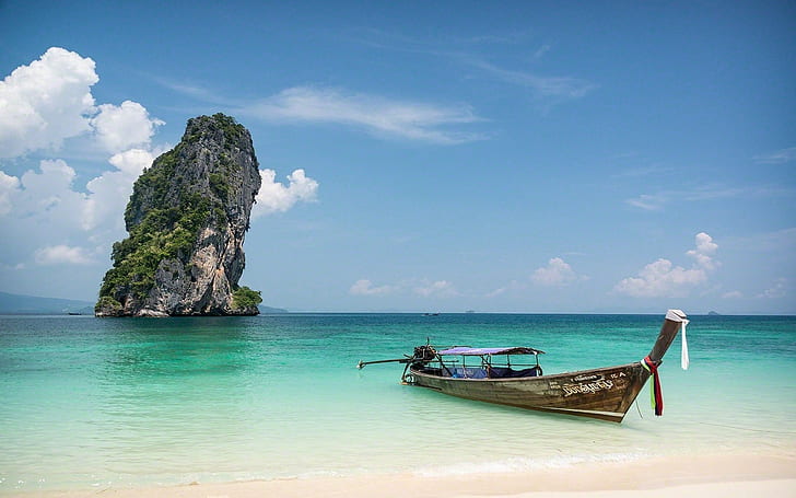 nature landscape rock island boat sea sand thailand tropical clouds beach water calm, HD wallpaper