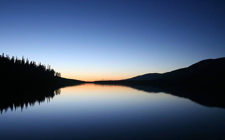 sunset, lake, calm, landscape, blue