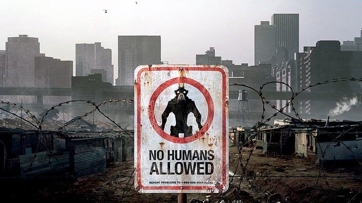 city, alien, sign, movie, skyscrapers, helicopters, No Humans Allowed