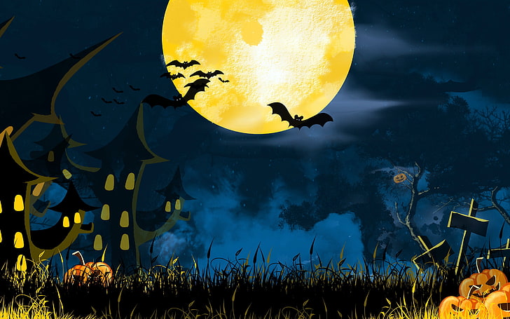 2018 Halloween holiday full moon bat night, yellow, nature, vertebrate, HD wallpaper