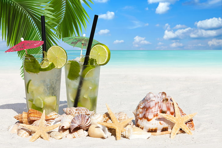 two drinking glasses, sea, beach, Palma, lime, shell, starfish, HD wallpaper