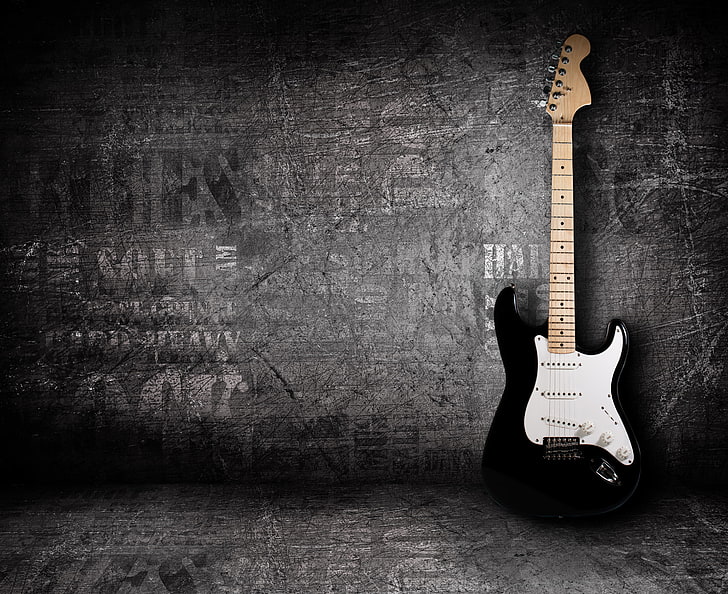 black and white stratocaster guitar, music, tool, musical Instrument