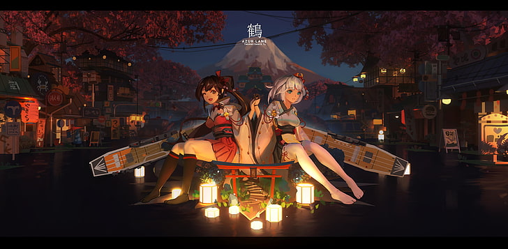 T5, anime girls, Azur Lane, illuminated, night, architecture, HD wallpaper