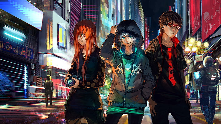 two boys and one girl anime characters digital wallpaper, futuristic