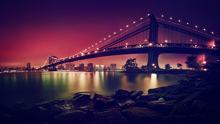 black bridge, New York City, cityscape, USA, horizon, night, urban Skyline, HD wallpaper