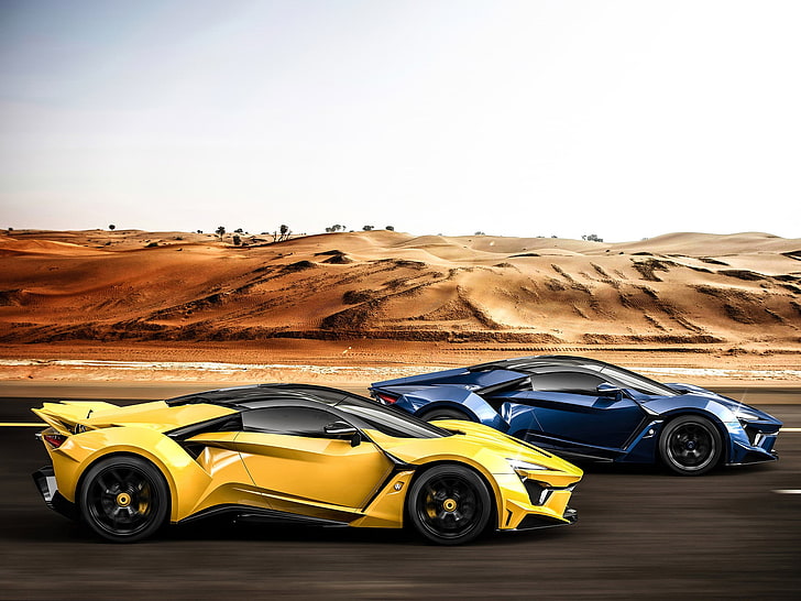 poster of yellow and blue sports car, W Motors Fenyr, road, desert, HD wallpaper
