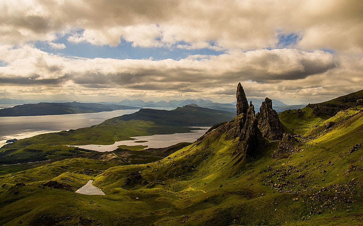 nature, landscape, hills, lake, clouds, Skye, Scotland, UK, HD wallpaper