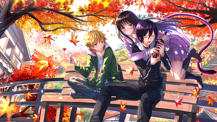 two men and woman anime characters wallpaper, two men sitting on bench and girl with purple dress anime characters