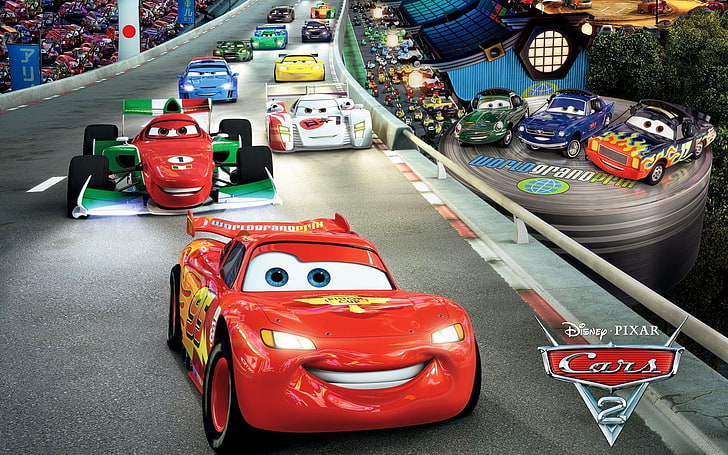 Disney Pixar Cars 2 movie, lightning, track, sports cars, speed, HD wallpaper