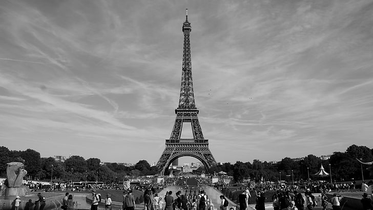 Eiffel Tower, Paris, France, monochrome, large group of people