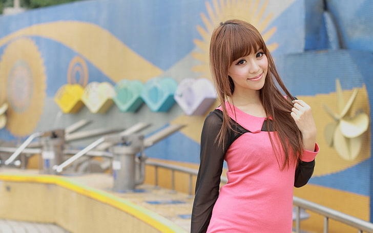 women's pink and black long-sleeved dress, asian, brunette, girl, HD wallpaper