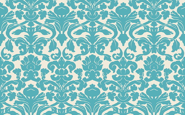 Blue Damask, teal and white damask print, texture, floral, HD wallpaper