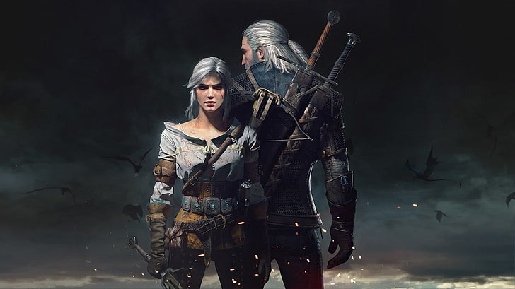 The Witcher wallpaper, animated illustration of couple with swords