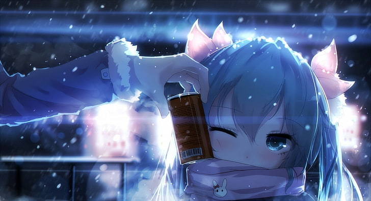 anime girls, Vocaloid, Hatsune Miku, snow, twintails, can, winking, HD wallpaper