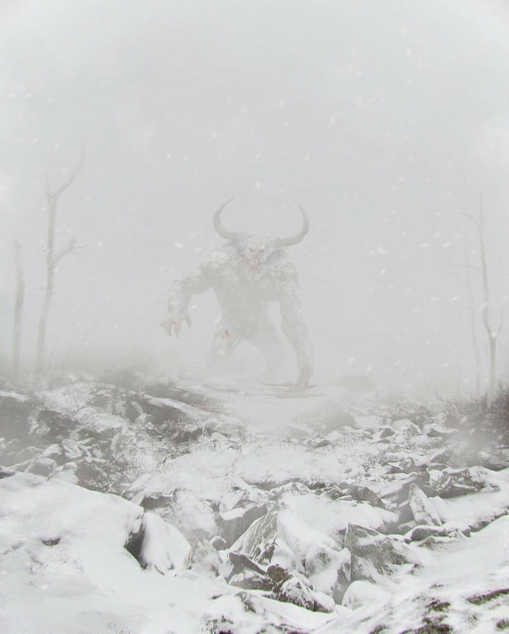 digital art, snow, creature, white, mist, fantasy art, horns