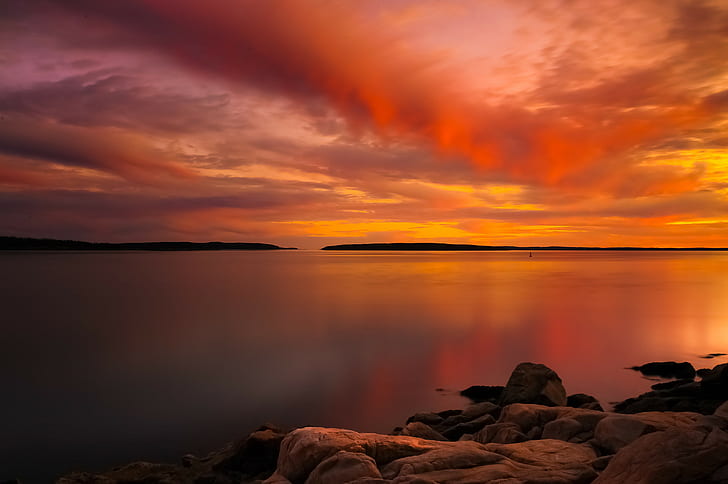 landscape, nature, orange sky, sunset, lake, skyscape, HD wallpaper