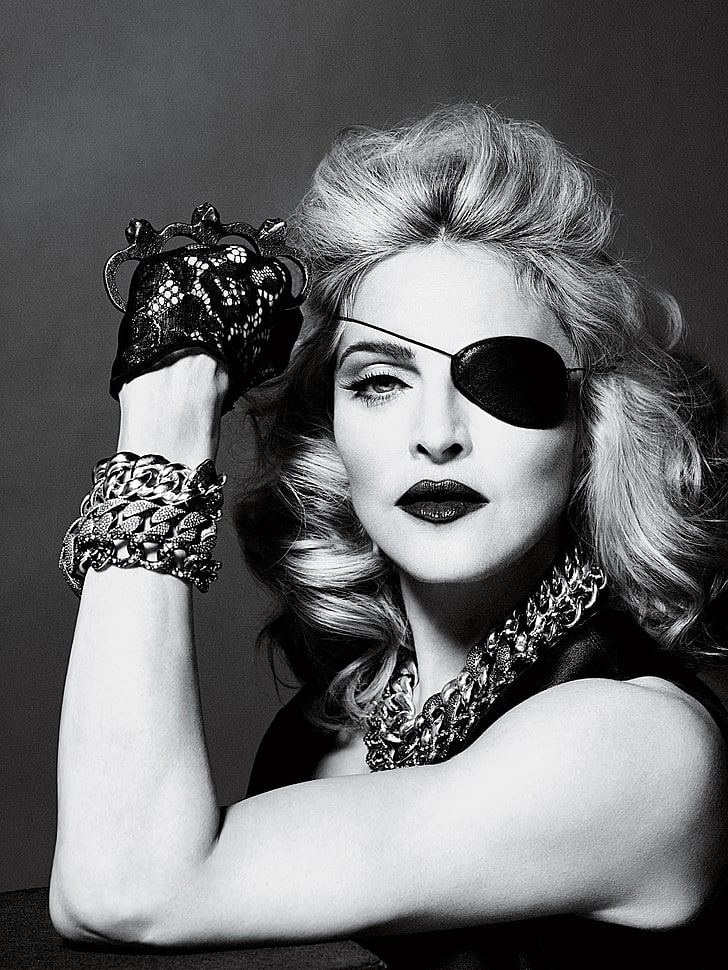 Madonna, singer, monochrome, eye patch, necklace, bracelets