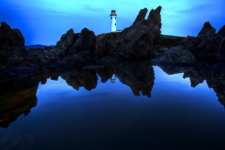 night, the ocean, rocks, lighthouse, Ireland, Fanad Head Lighthouse