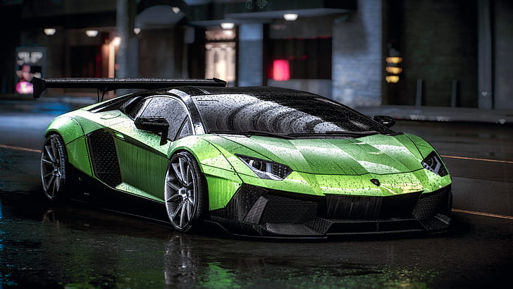 Lamborghini, car, green cars, vehicle, rain, HD wallpaper