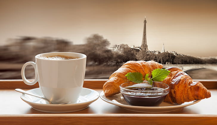Chocolate, Paris, France, white ceramic mug, coffee, cup, breakfast, HD wallpaper