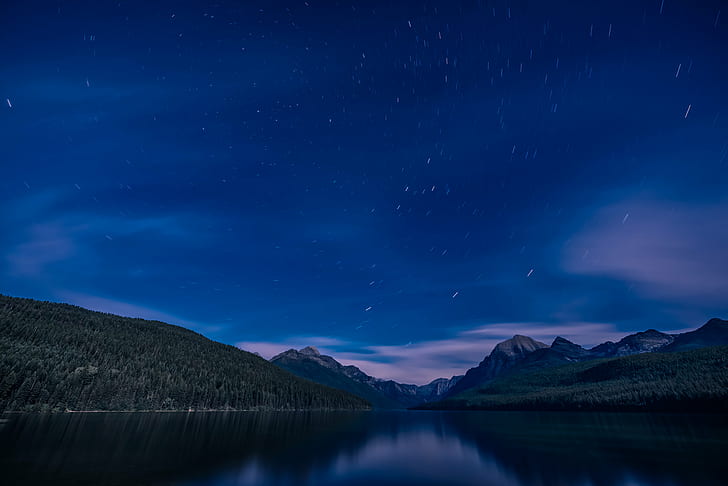 calm water between two mountains under the blue starry night, bowman lake, montana, bowman lake, montana, HD wallpaper
