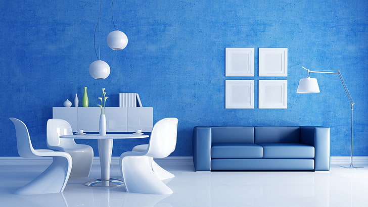 room, blue, furniture, couch, table, interior design, chair, HD wallpaper