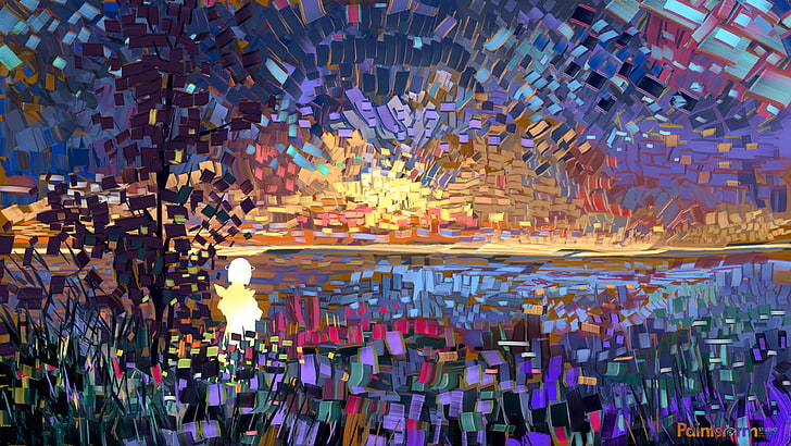 multicolored mosaic painting, digital art, sunset, geometry, colorful