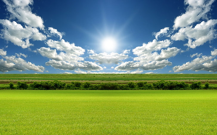 nature, landscape, sky, field, Sun, clouds, grass, tranquil scene, HD wallpaper