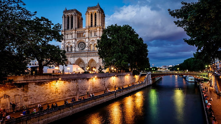 France Notre Dame buildings, rivers, night, landscape