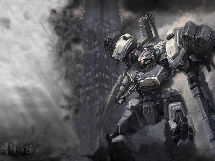 video game wallpaper, robot, mecha, armored core, day, smoke - physical structure