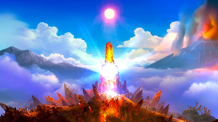 ori and the blind forest, landscape, rocks, sun, clouds, Games