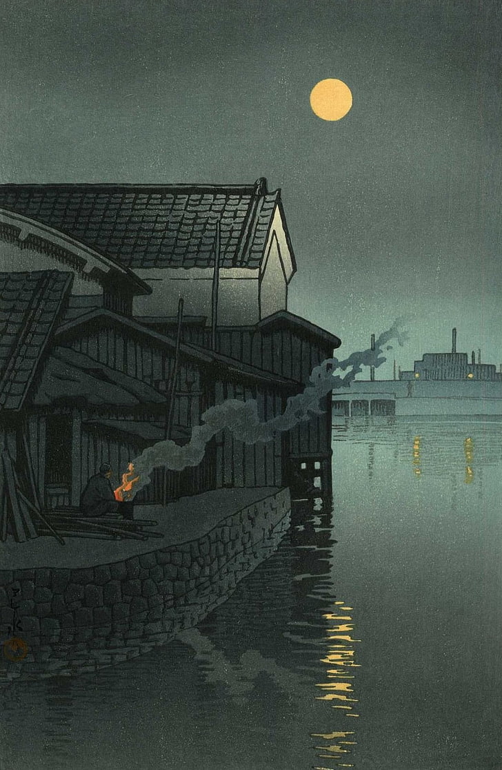 wooden house near body of water illustration, artwork, architecture