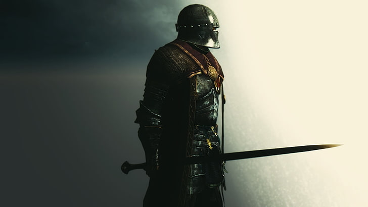 gray helmet, knight, sword, warrior, digital art, fantasy art, HD wallpaper