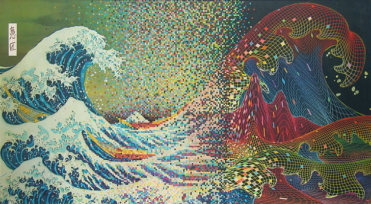 waves, digital art, pixels, pixel art, The Great Wave off Kanagawa, HD wallpaper