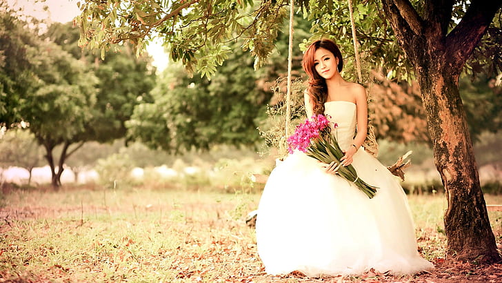 Asian girl play swing, white dress, flowers