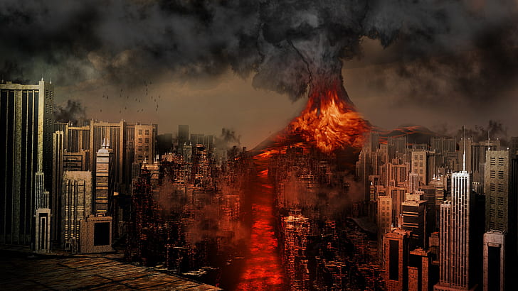 Sakurajima Volcano, Japan, disaster, lava, city destroy, creative design