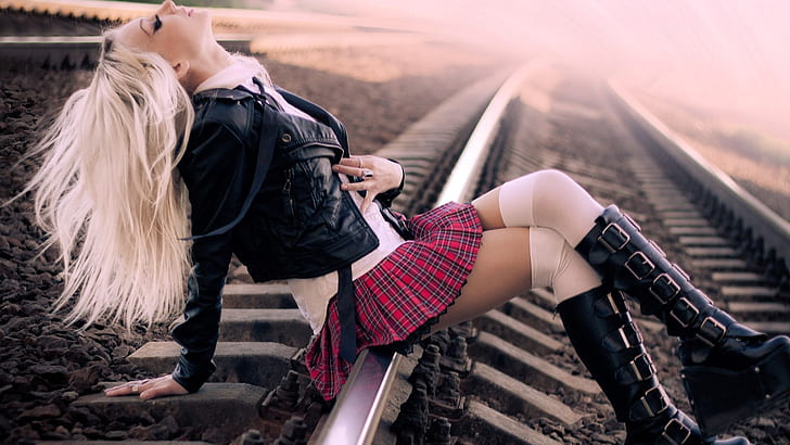 blondes women stockings schoolgirls leather jacket railroads plaid skirt mini skirt 1920x1080 wal People Girl HD Art