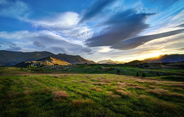 green grass, nature, landscape, mountains, clouds, sky, cloud - sky, HD wallpaper