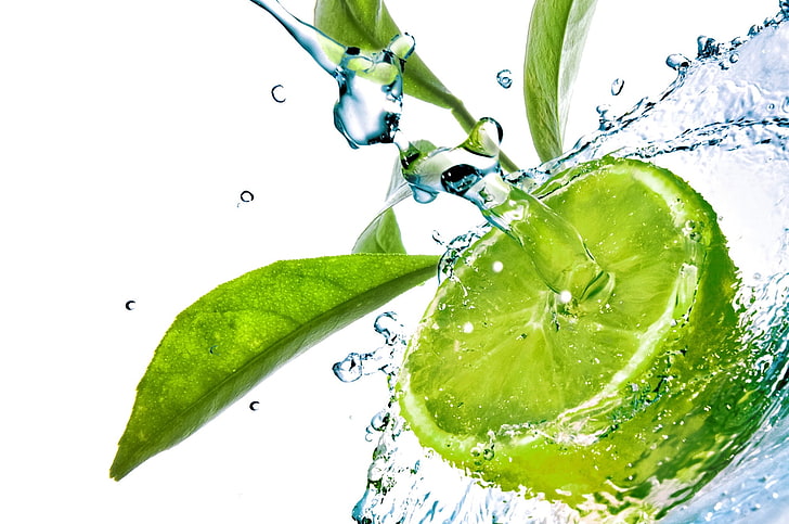 green lemon illustration, lime, water, fruit, splashing, freshness