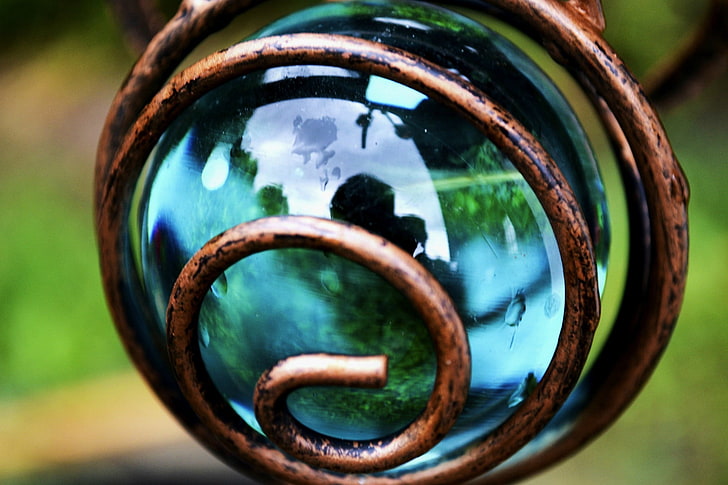 closeup photo of clear glass ball with brass coil, landscape, HD wallpaper
