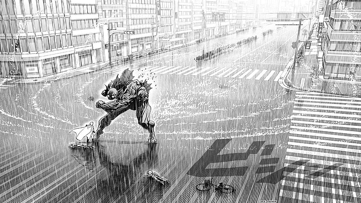 robot walking on the street illusration, One-Punch Man, manga