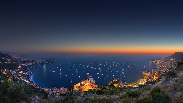 monaco, bay, lights, boats, night, europe, city lights, sunset, HD wallpaper